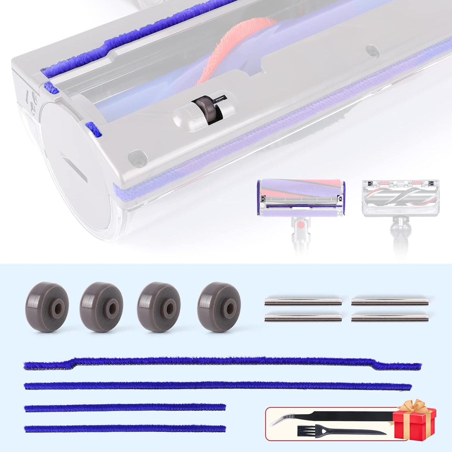 Plush Strips + Rollers Wheel + Axles Replacement for Dyson V6 V7 V8 V10 V11 DC62