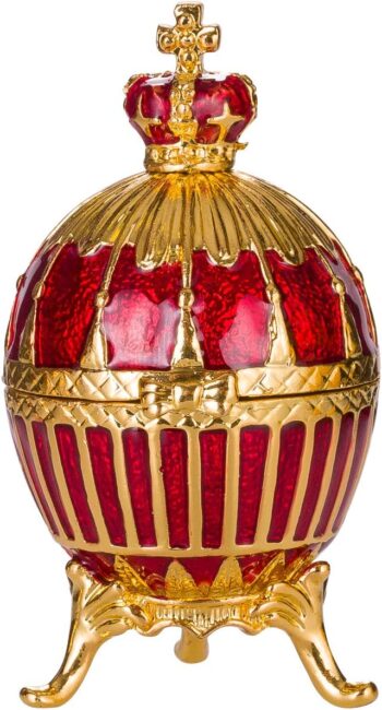 Faberge style Ribbed Egg Trinket Jewel Box with Emperor's Crown 6,5 cm red