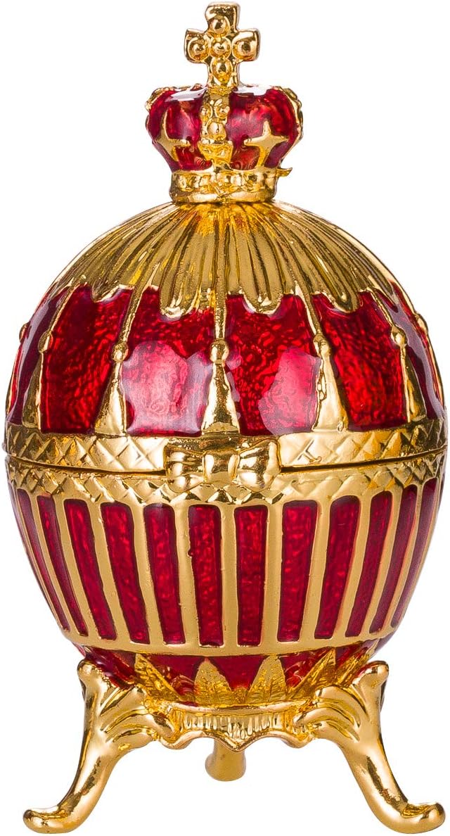 Faberge style Ribbed Egg Trinket Jewel Box with Emperor's Crown 6,5 cm red