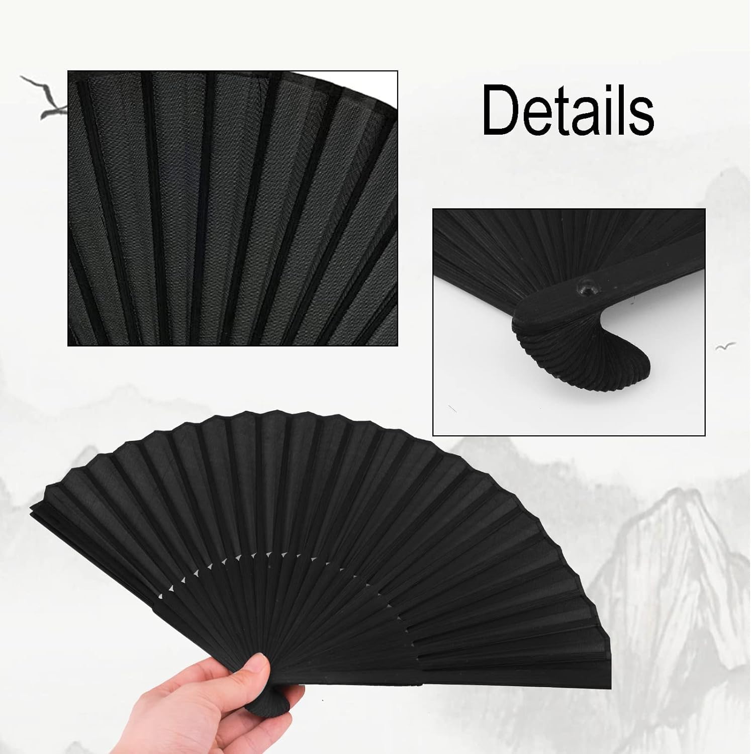 3 pieces Fabric bamboo folding fan Hand-held, Chinese Retro retro fabric fan - Image 7
