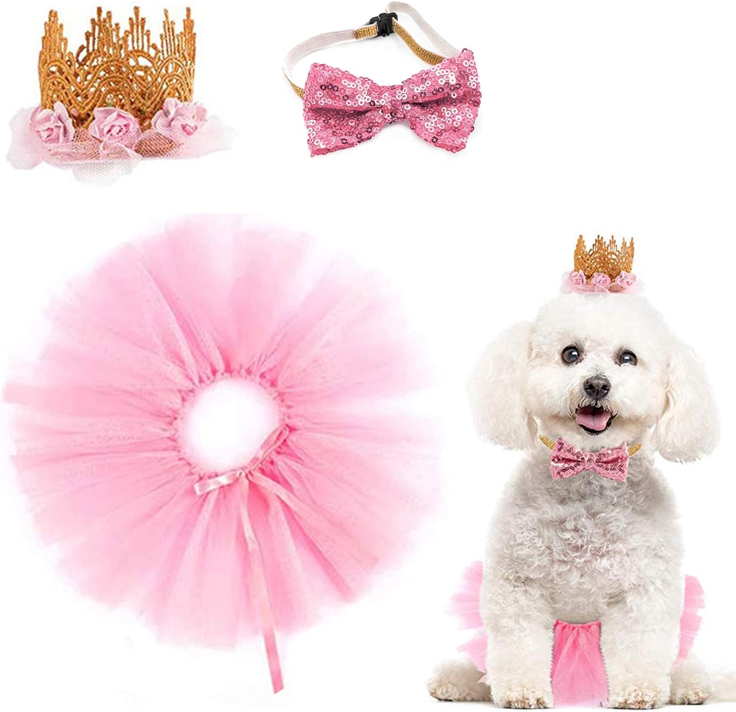 Dog Birthday Outfit Pink Puppy Tutu Crown Hat Bow tie Puppy Birthday