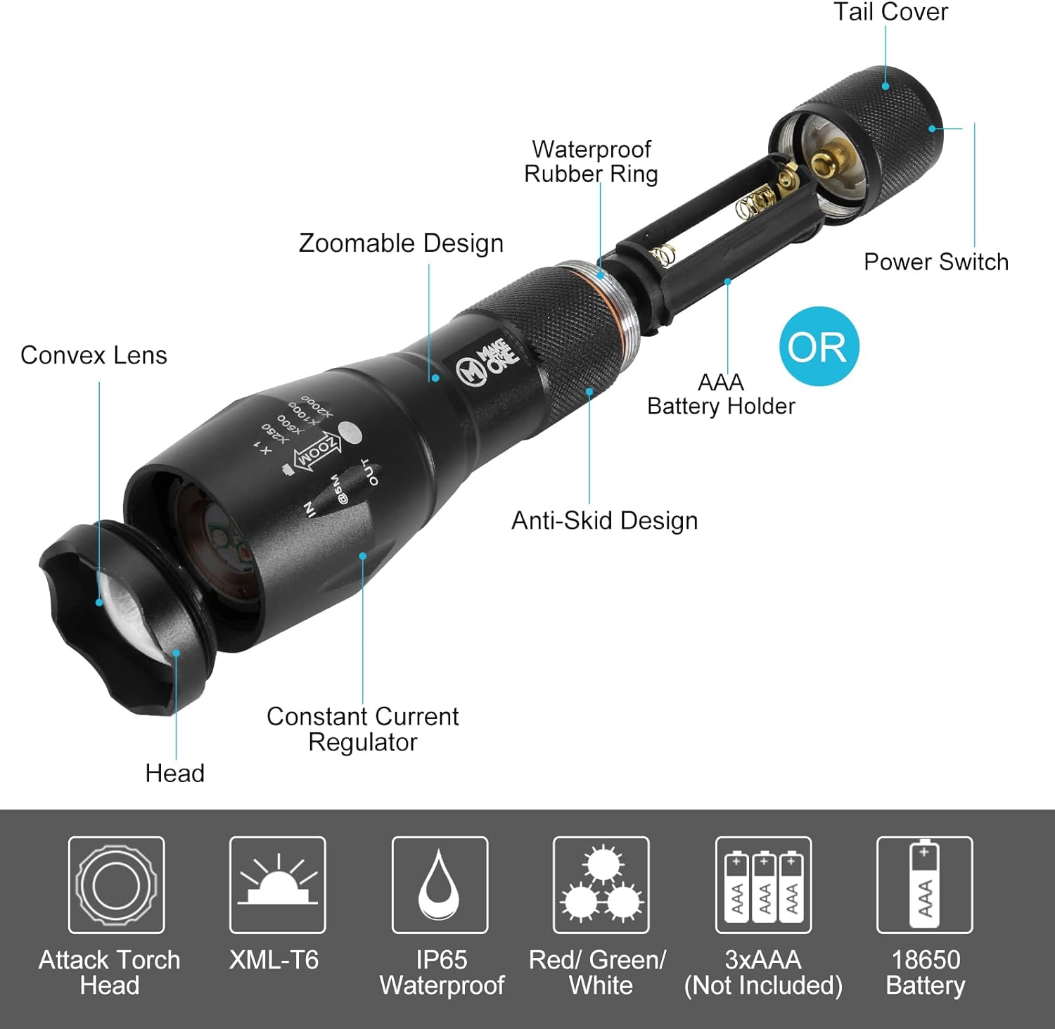 Red Green White Flashlight, 1000 lumens Powerful LED Waterproof Adjustable Focus - Image 4