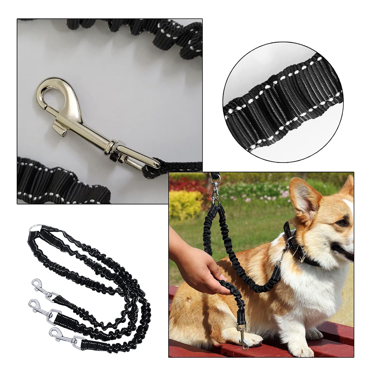 3 Way Black No-Tangle Triple Coupler Dog Bungee Walking Leash Lead Rope Strap - Image 2