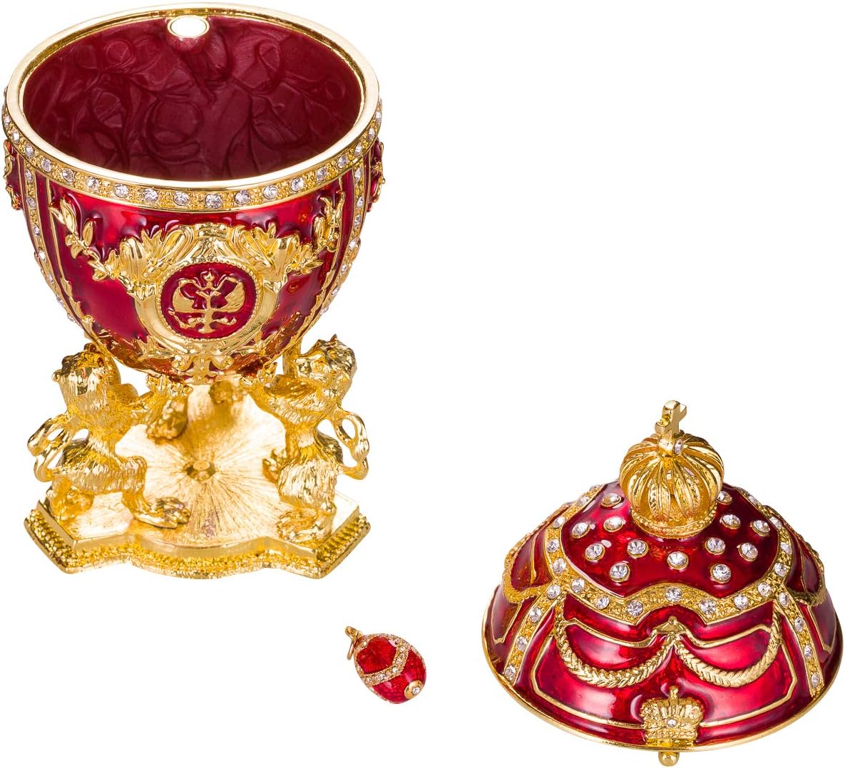 Faberge Style Egg/Trinket Jewel Box with Lions & pendant 15,5 cm red - Image 2
