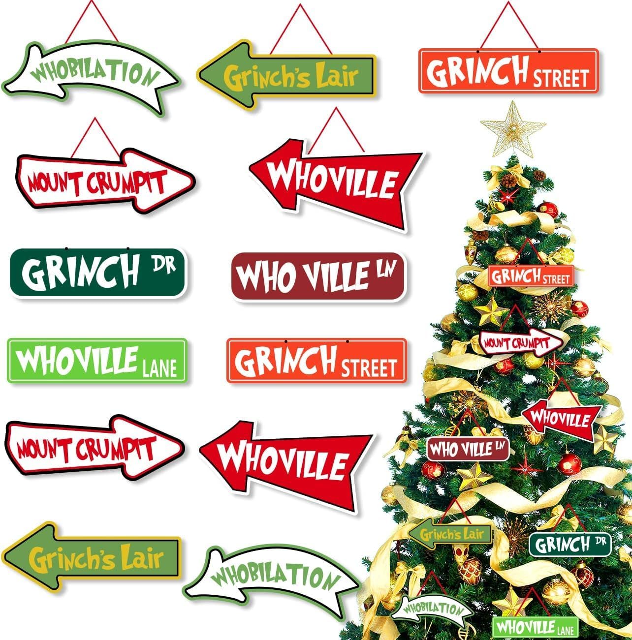Christmas Tree Decorations, 16Pcs Grinch Christmas Ornament Paper Cards Hanging