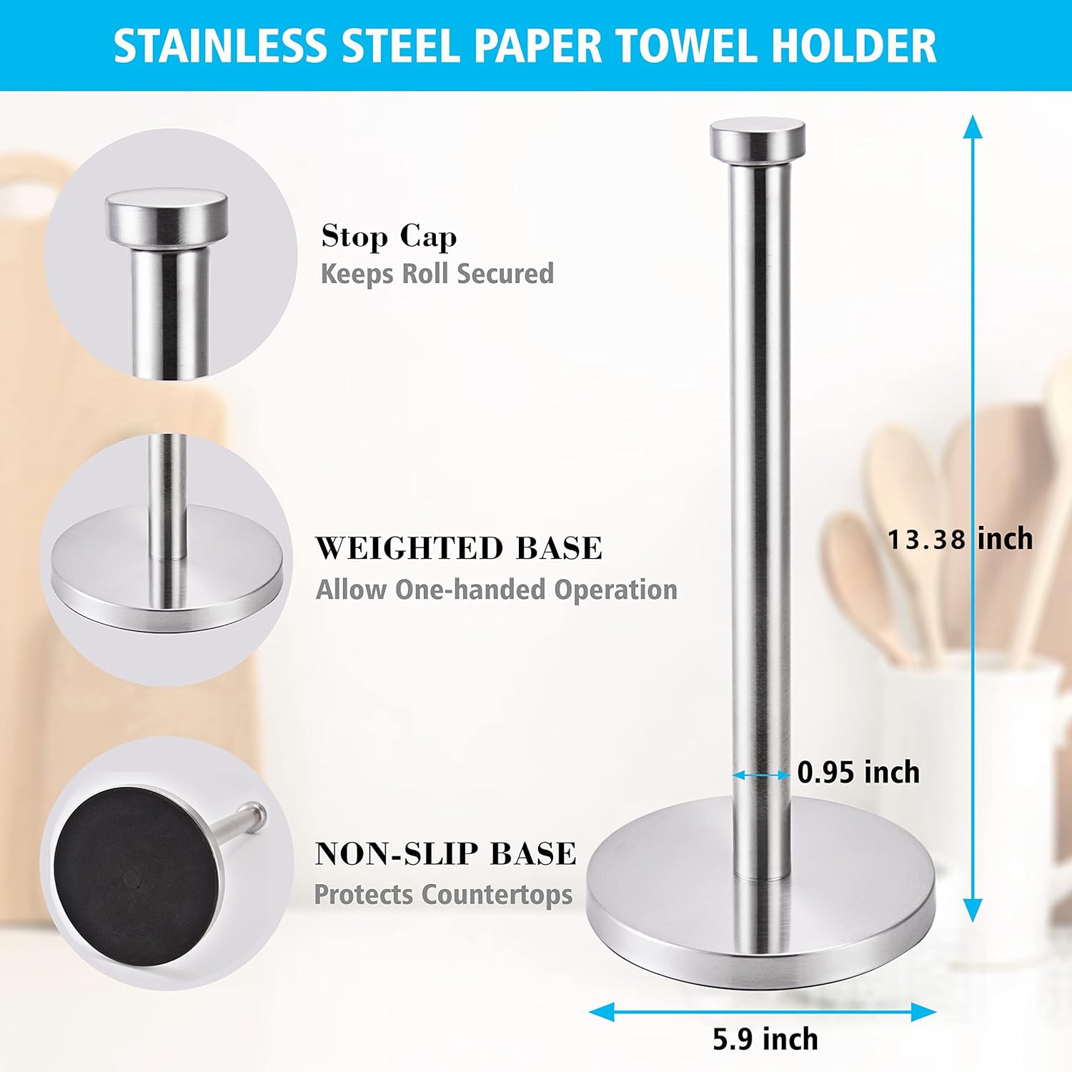 Paper Towel Holder Stand, Stainless Steel Kitchen Paper Towel Stand Holder - Image 2