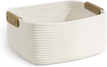 Rectangle Cotton Rope Woven Basket with Handles for Books, Magazines, Toys
