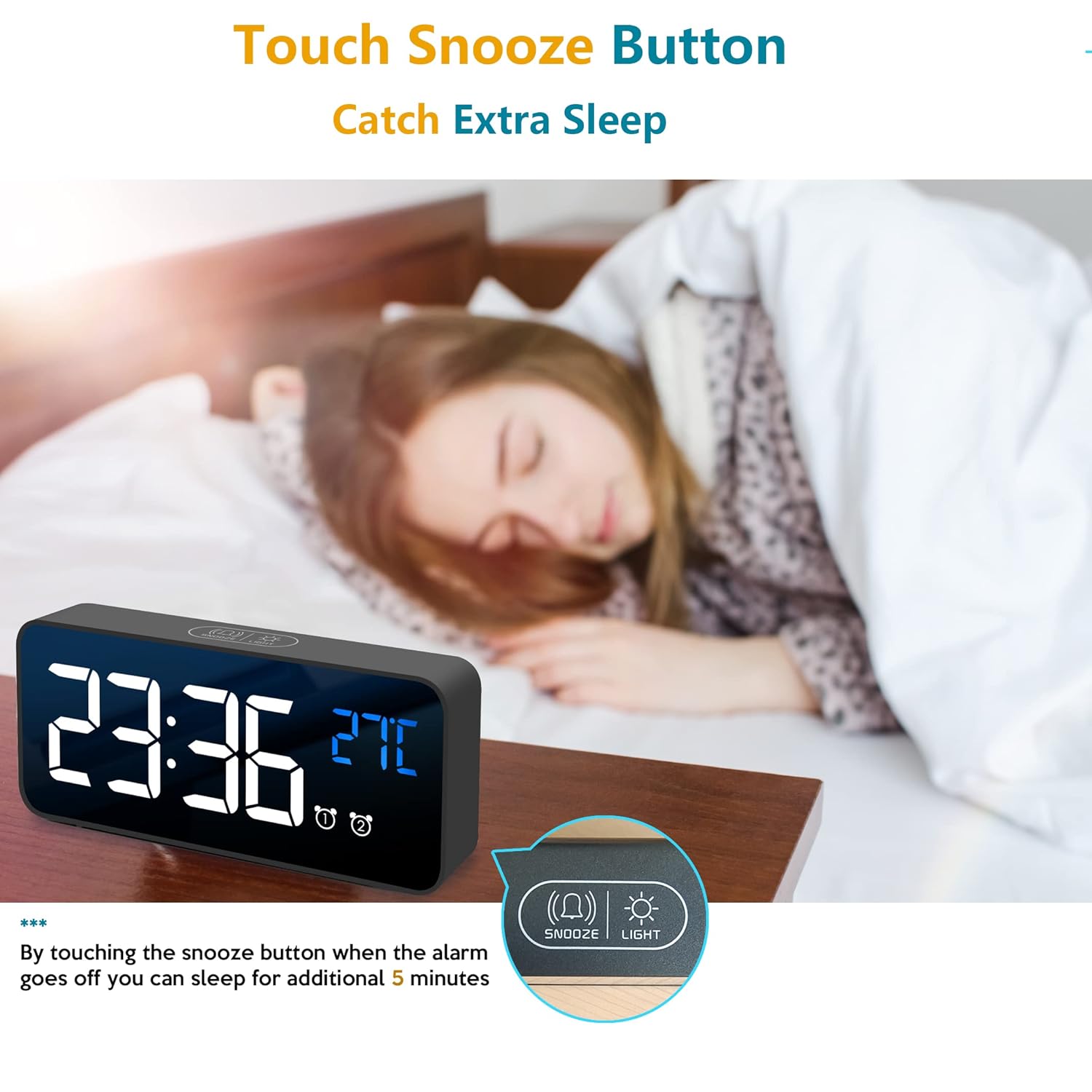 Digital Alarm Clock with Large Led Temperature Display, Portable Alarm Clock - Image 4