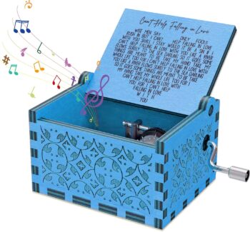 Blue Hand Crank Wood Can't Help Falling in Love Wood Music Box Tiny