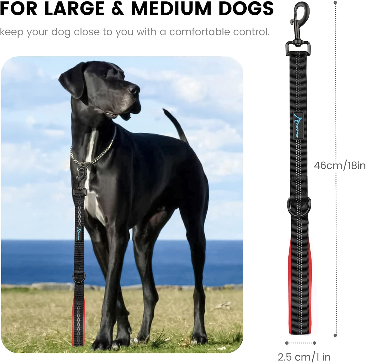 Short Dog Leash 18in Padded Handle Dog Lead with 3 Reflective Thread for Large - Image 2
