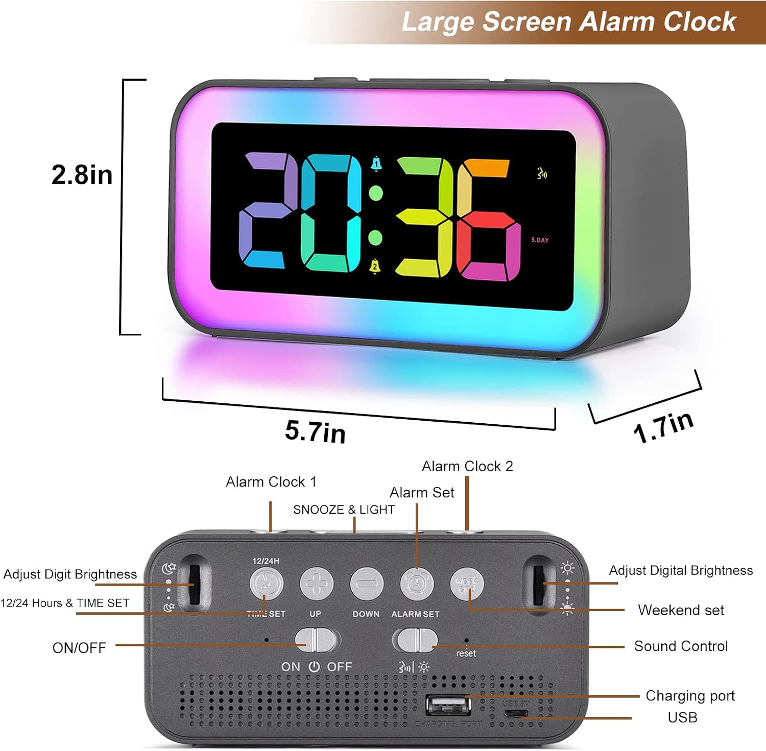 RGB Alarm Clock with Smart Night Light, Adjustable Brightness, Dual Alarm,Sound - Image 2