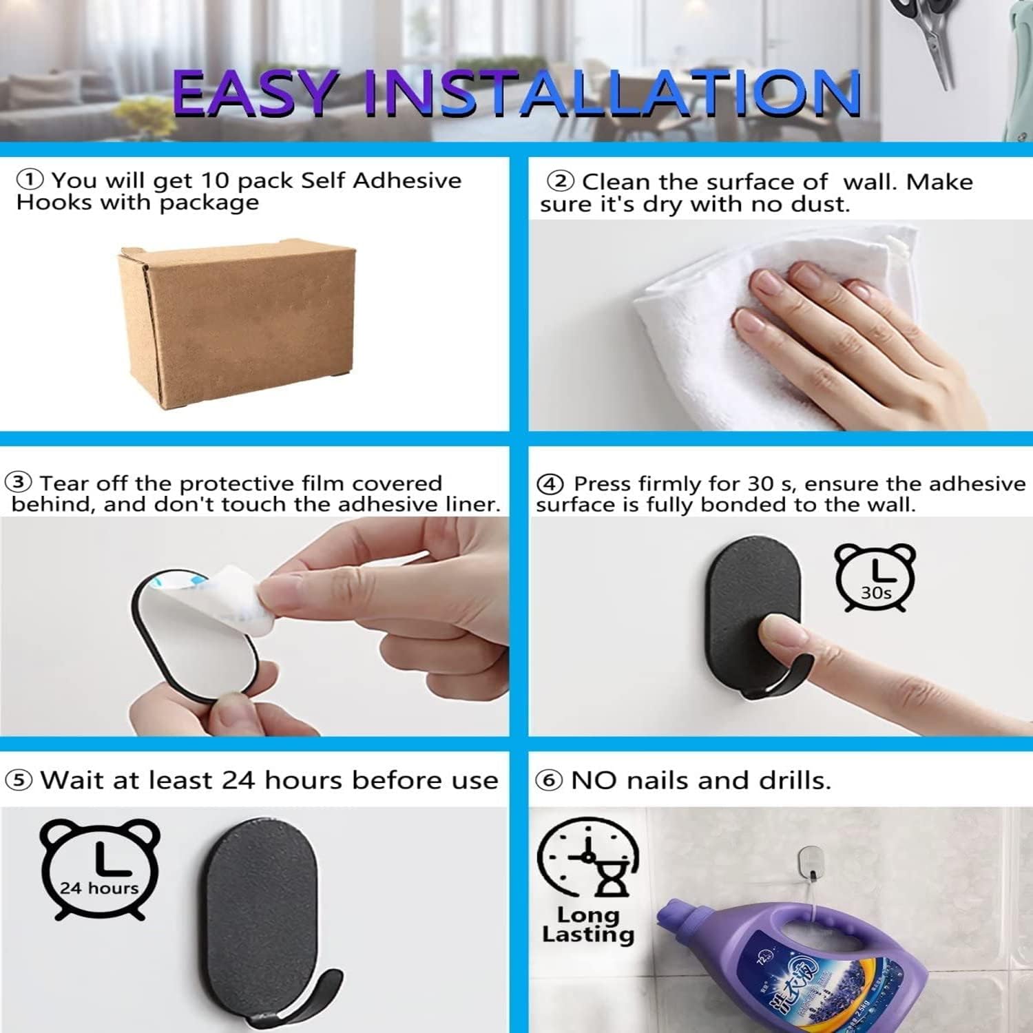 10 Packs Self Adhesive Hook, Heavy Duty Wall Hooks,Durable Strong Carbon Steel - Image 7