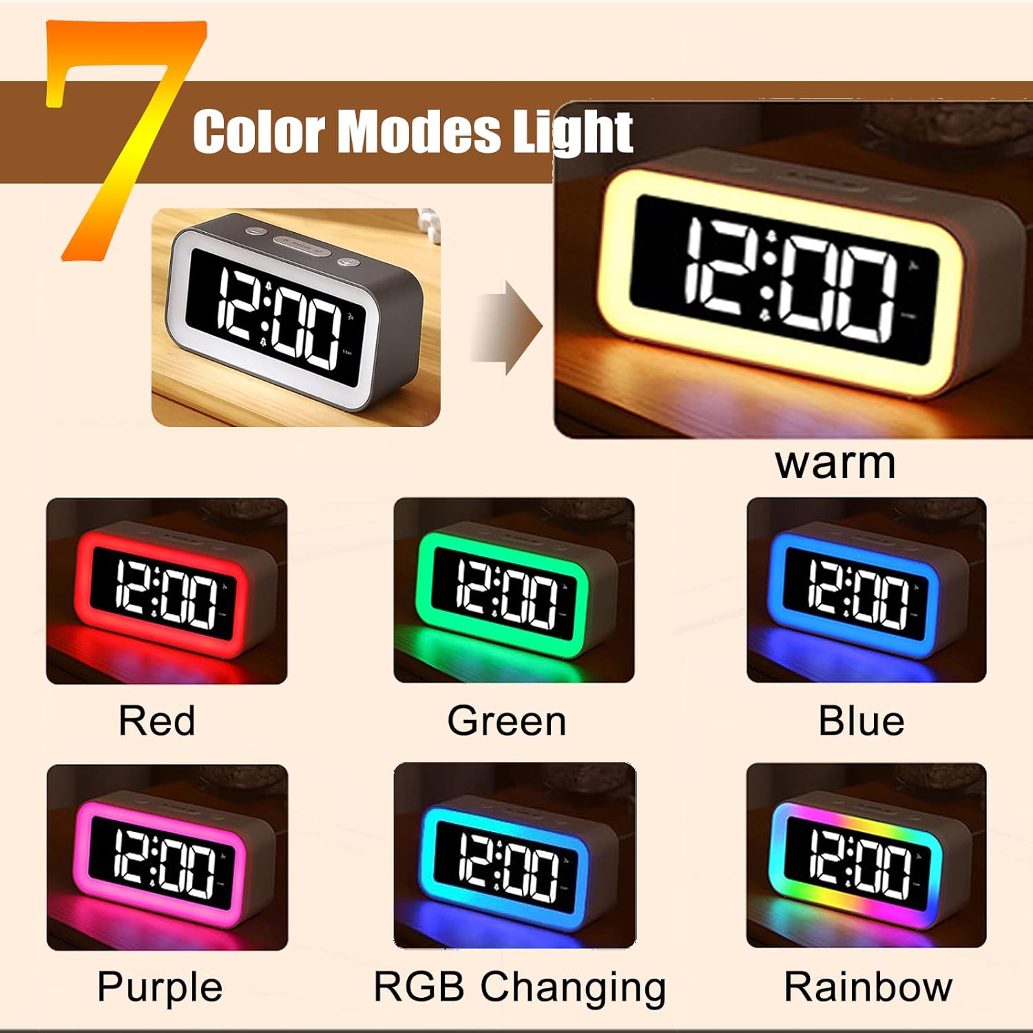 RGB Alarm Clock with Smart Night Light, Adjustable Brightness, Dual Alarm,Sound - Image 4