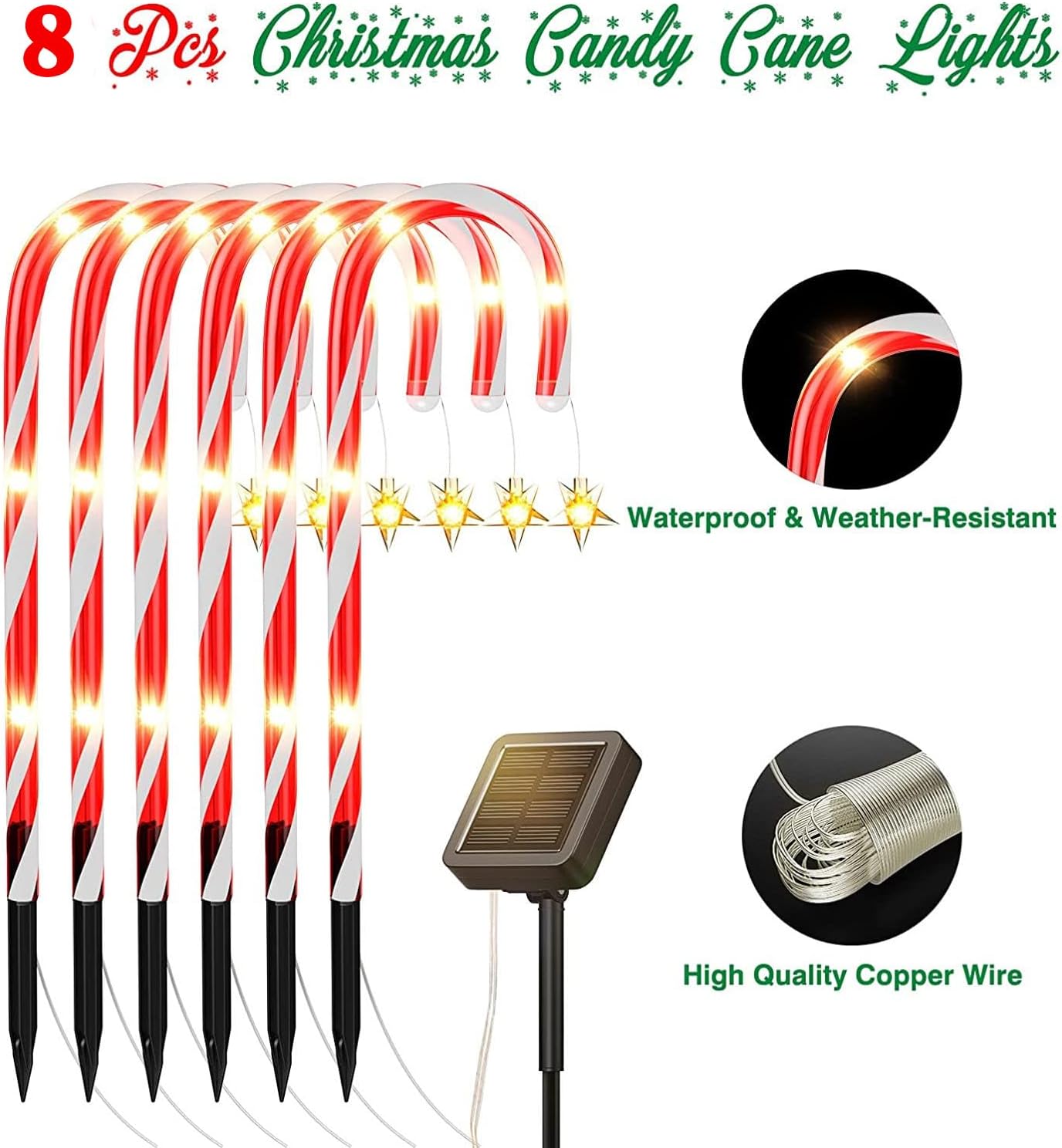 8 Pack Outdoor Christmas Decorations Solar Candy Cane Lights, Solar Christmas - Image 3