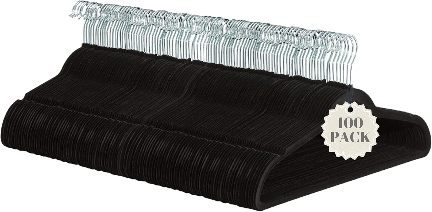 Coat Hangers Velvet 100-Pack Black with Silver Hooks, Non-Slip Hanger