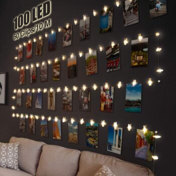 100LED Photo Clip String Lights, 10M Photo Peg Fairy Lights with 60 Clips Indoor
