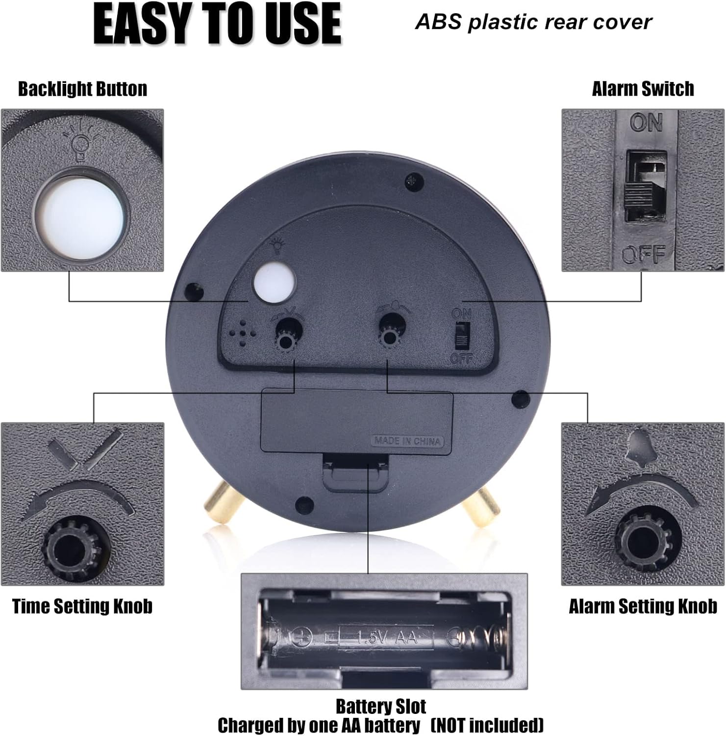 Alarm Clock 4.5" Bedside Analog Alarm Clock for Bedroom Battery Operated Round - Image 7