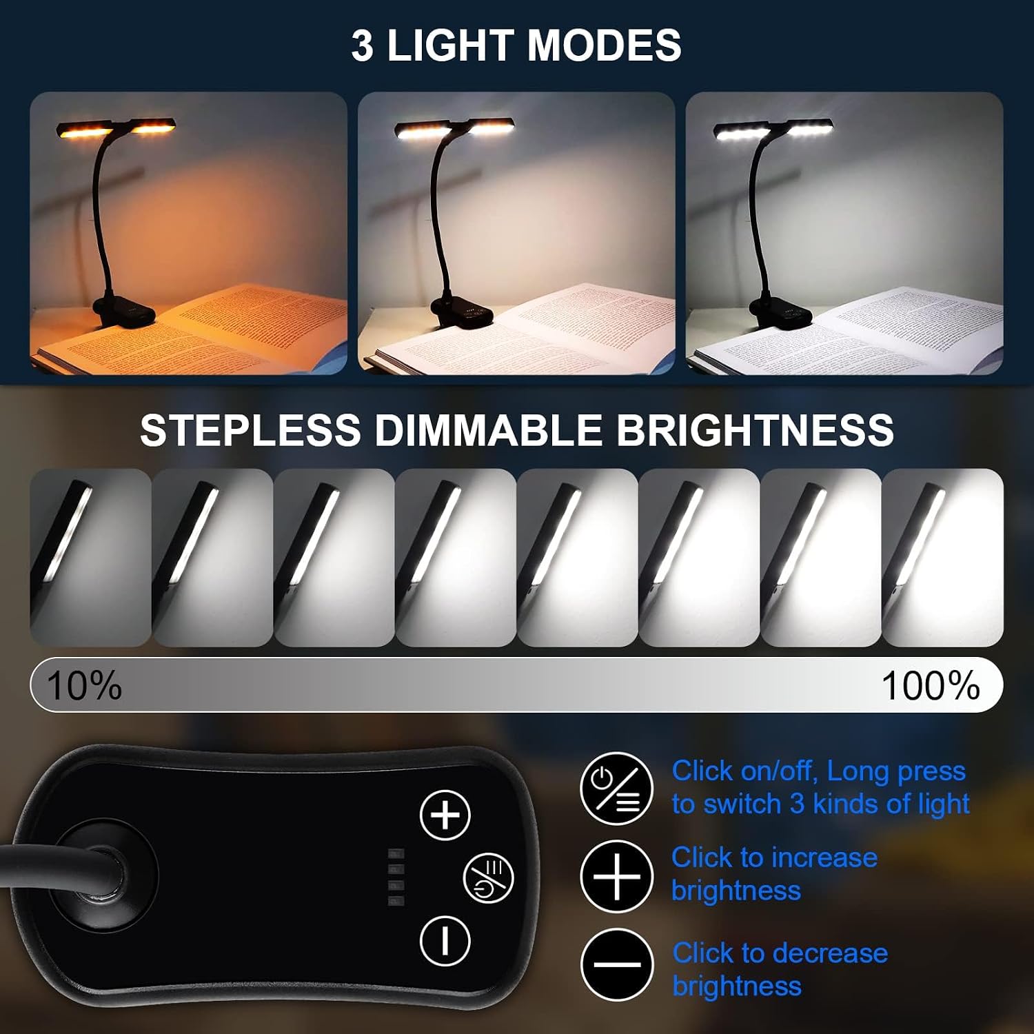 Clip-on Book Lamp Dimmable Rechargeable, 3 Color Temperature, 8 Brightness, Mini - Image 4