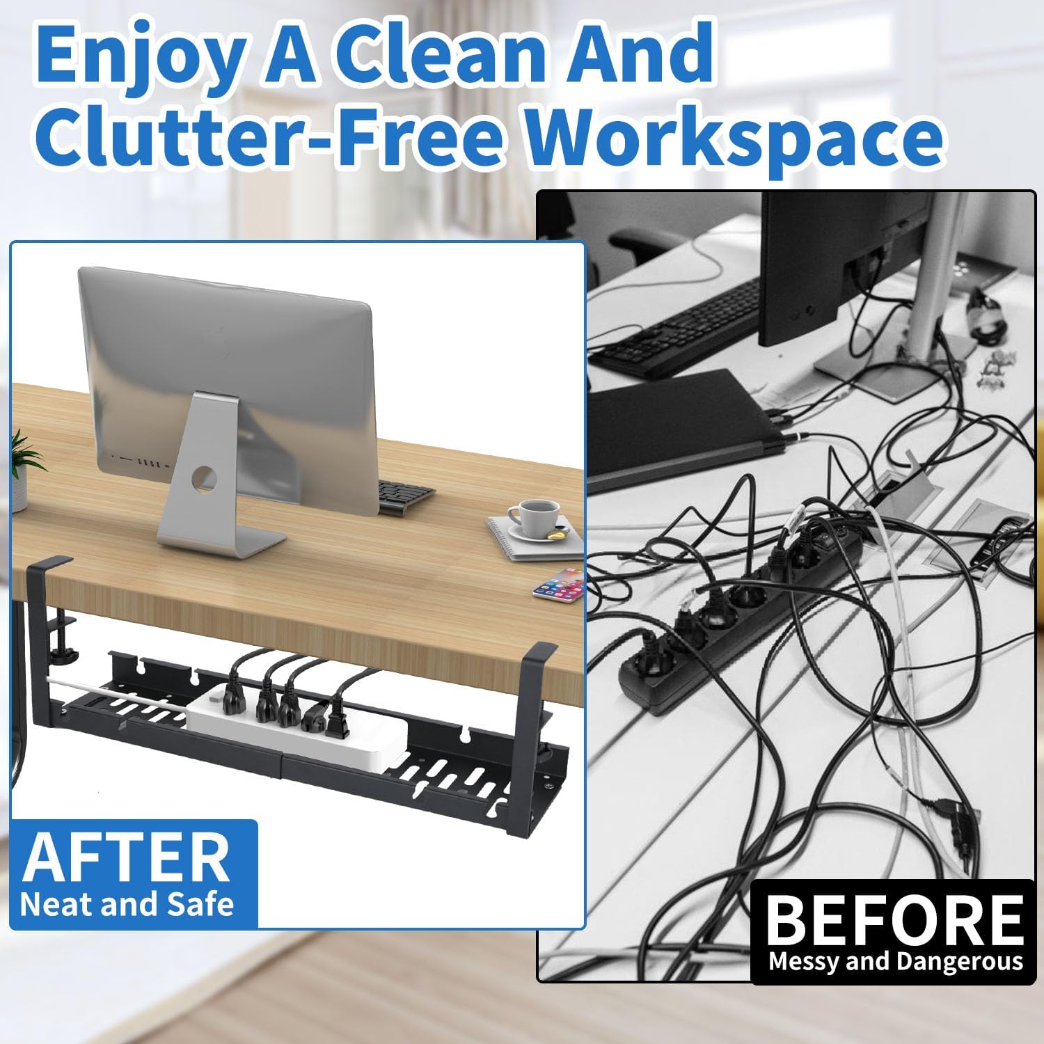 Under Desk Cable Management Tray - Black Iron Cable Tray Under Desk - Clamp - Image 4