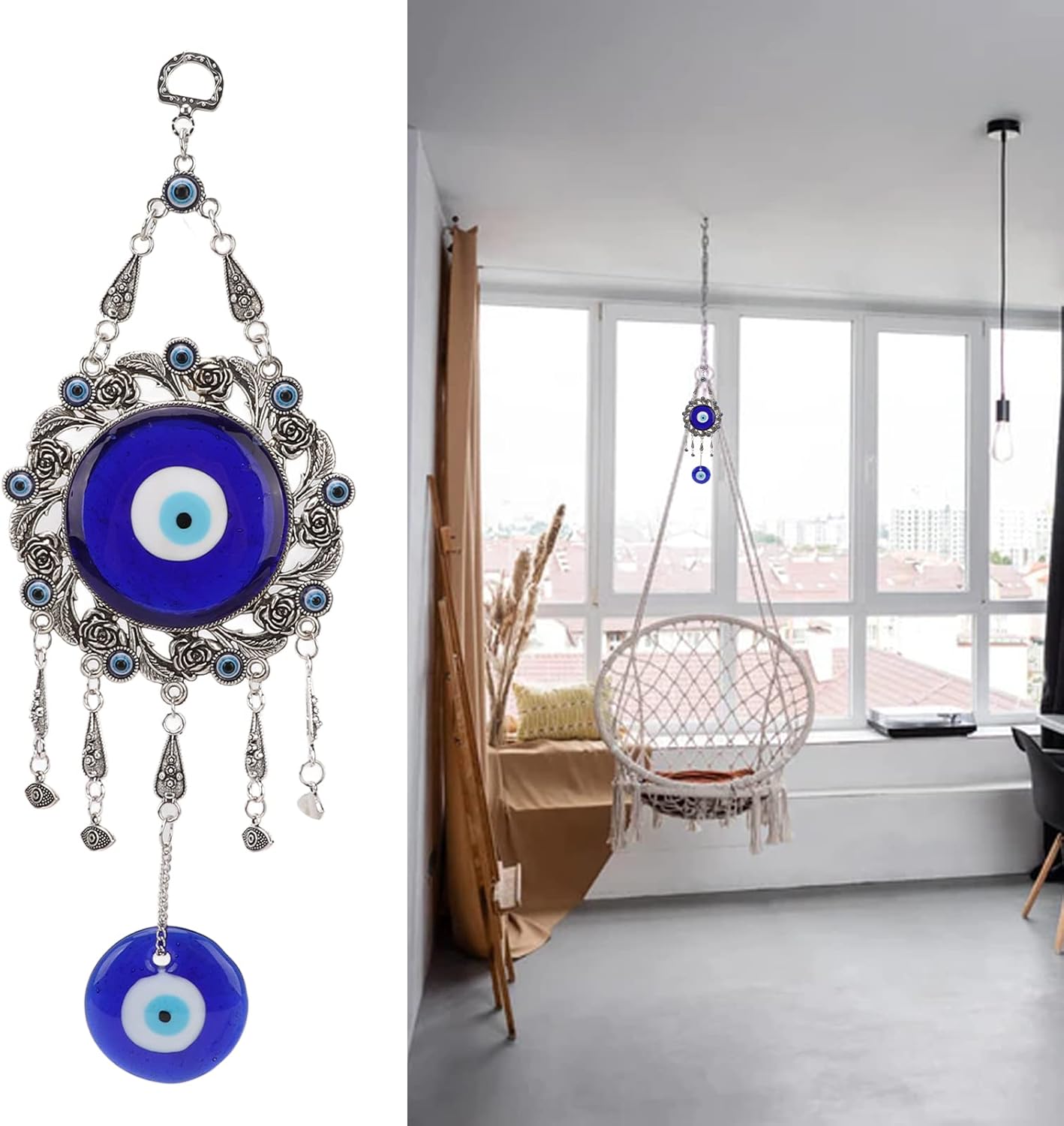 Turkish Glass Blue Evil Eye Wall Hanging Ornament, Hollow Flowers Wall Hanging - Image 2