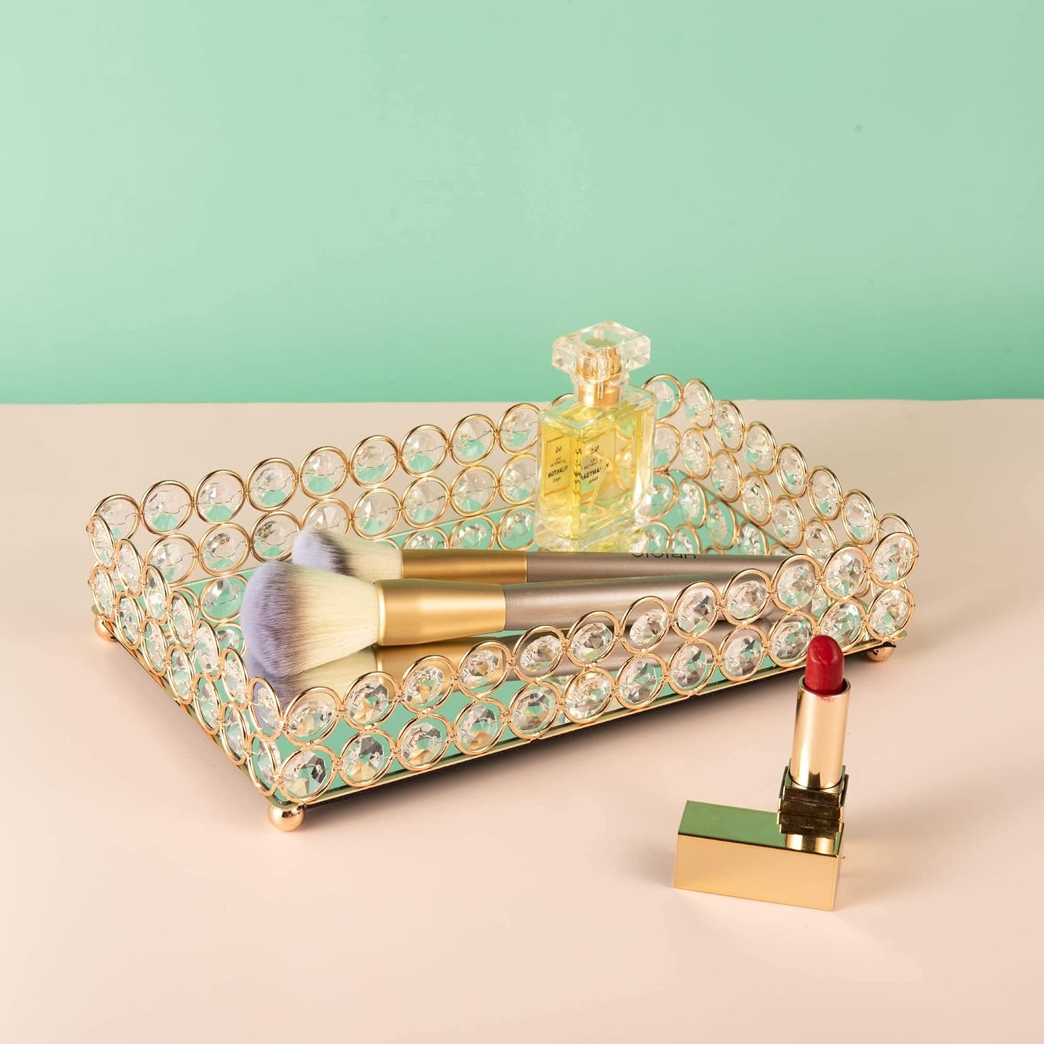 Crystal Beads Tray Mirror Cosmetic Tray Rectangle Gold Mirro Tray Jewelry Holder - Image 6