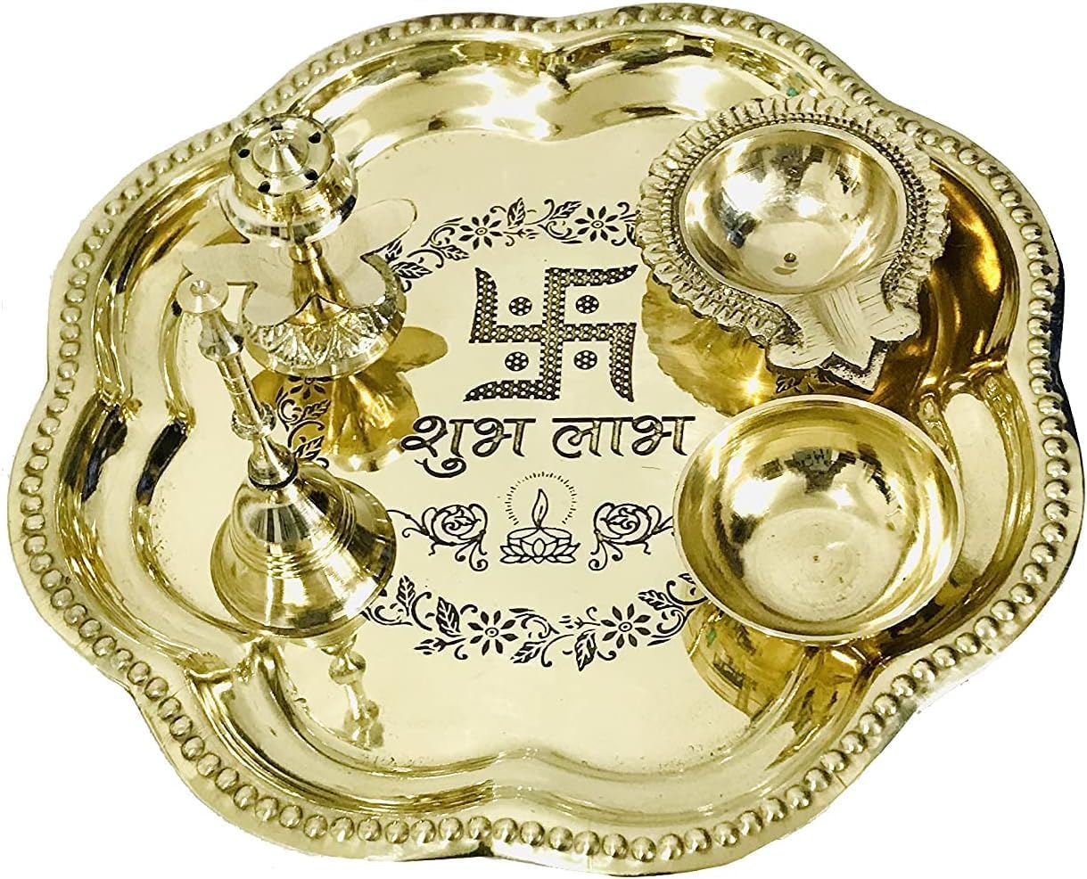 Brass Pooja thali Set Swastik shubh labh (Bell, Jyot, Vati, Aggarbatti Stand) - Image 3