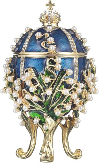 Faberge Style Lilies of the Valley Egg/Trinket Jewel Box 8,5 cm blue