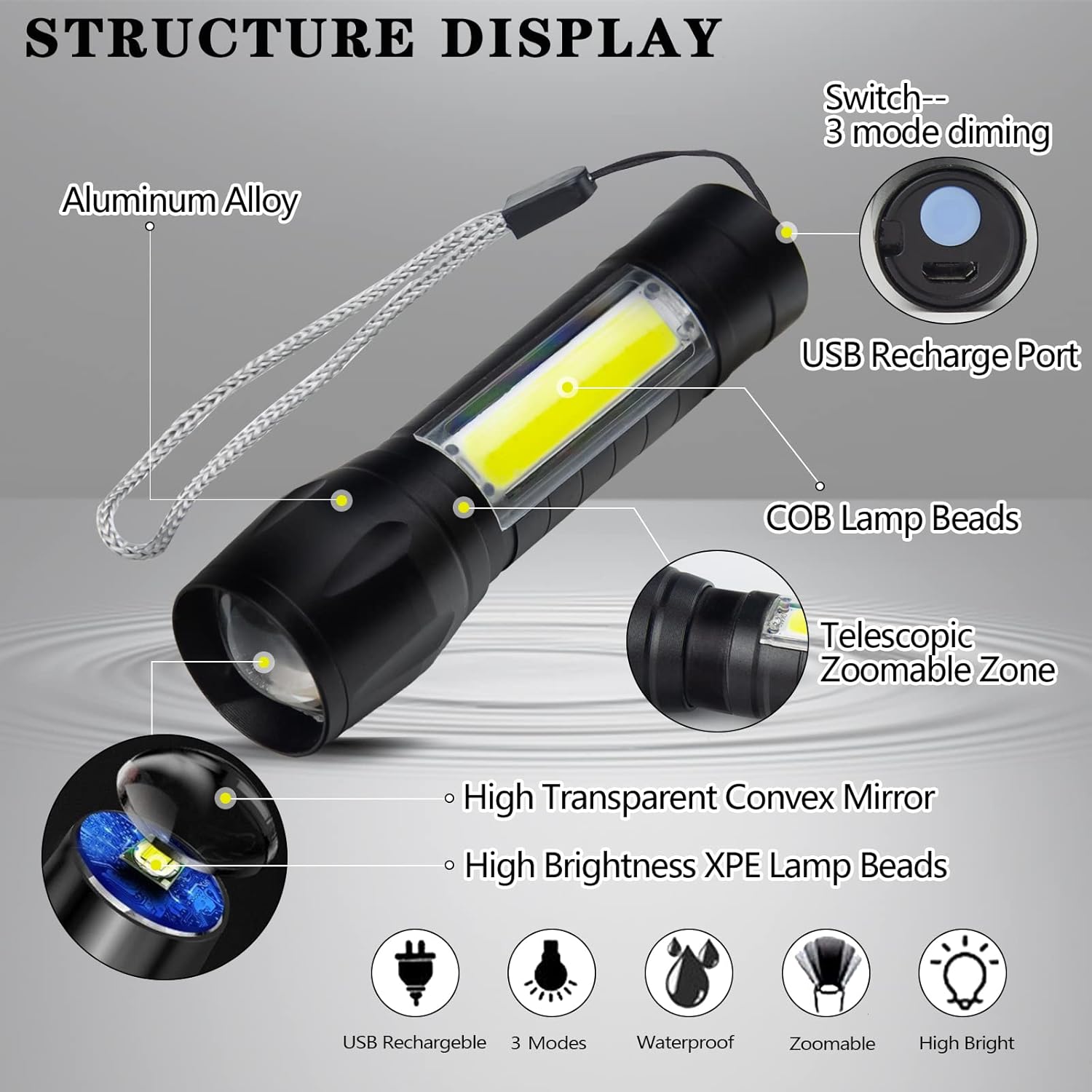 2 Pack Rechargeable Small Torch, 500LM Zoomable Mini LED Flashlight with COB - Image 6