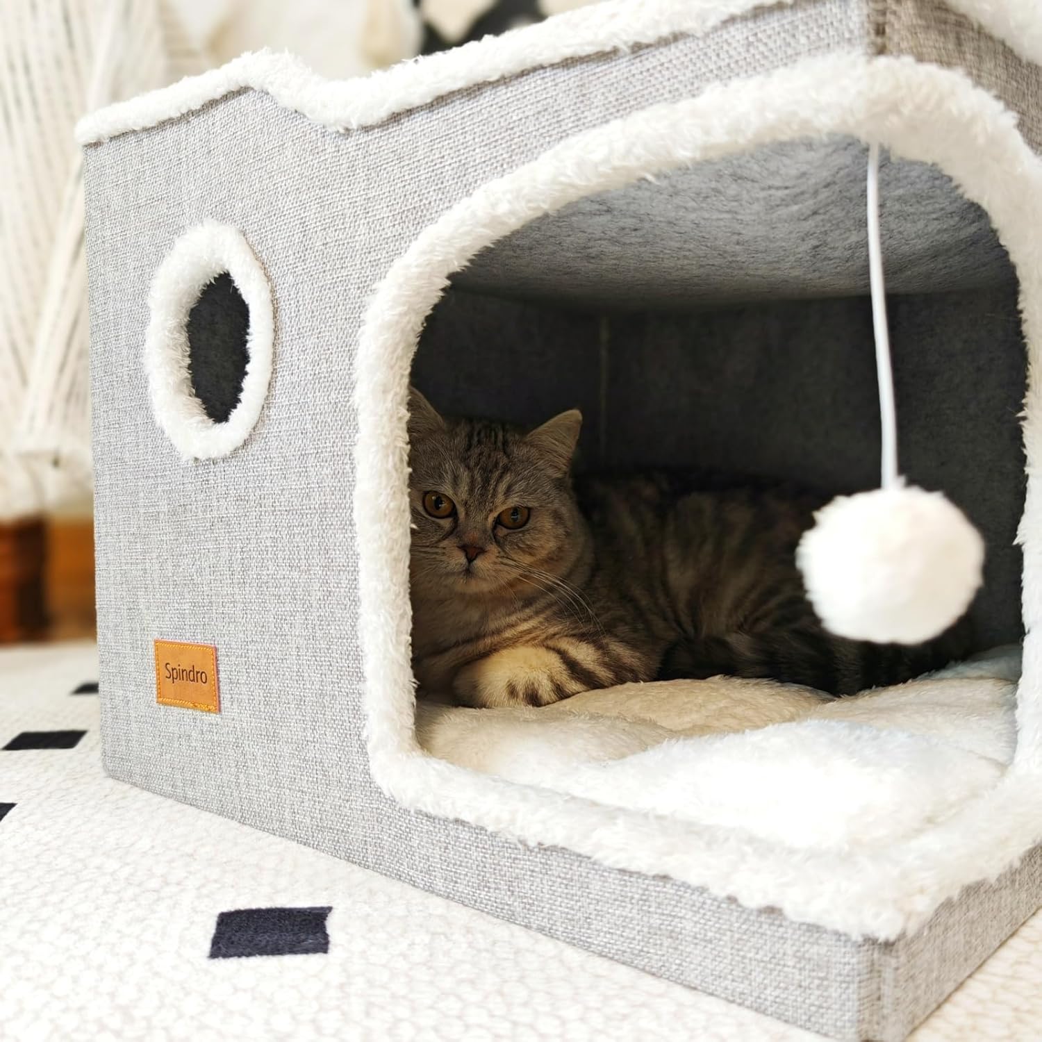Large Cat Cave Bed for Indoor Cats, Cats Cube House with Scratch Pad Cat Condo - Image 5