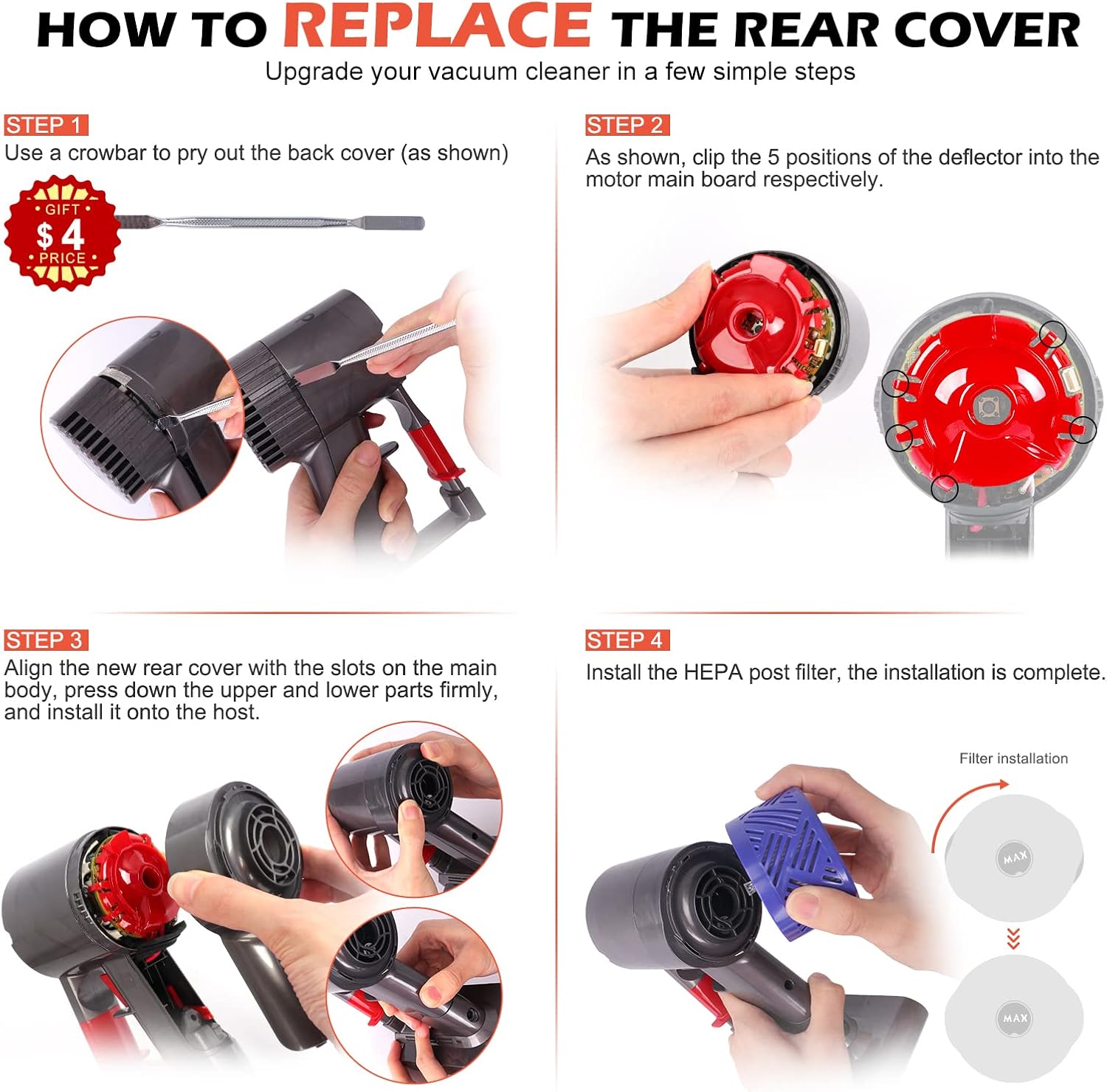 Motor Rear Cover + Pre&Post HEPA Filter Set Compatible with Dyson V6 DC58 DC59 - Image 6