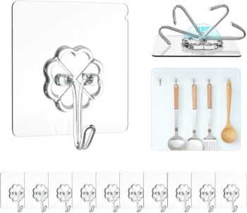 Adhesive Hooks, Transparent Reusable Sticky Hooks 13.2LB Heavy Duty Seamless