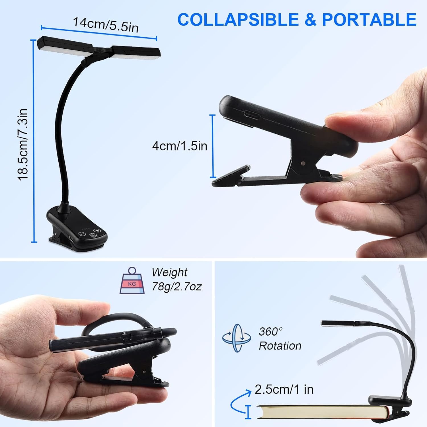 Clip-on Book Lamp Dimmable Rechargeable, 3 Color Temperature, 8 Brightness, Mini - Image 6