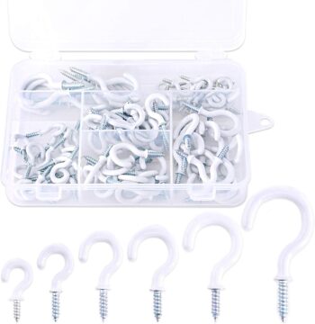 100-Pieces 6 Sizes White Vinyl Coated Cup Hooks Screw-in Ceiling Hooks Screw