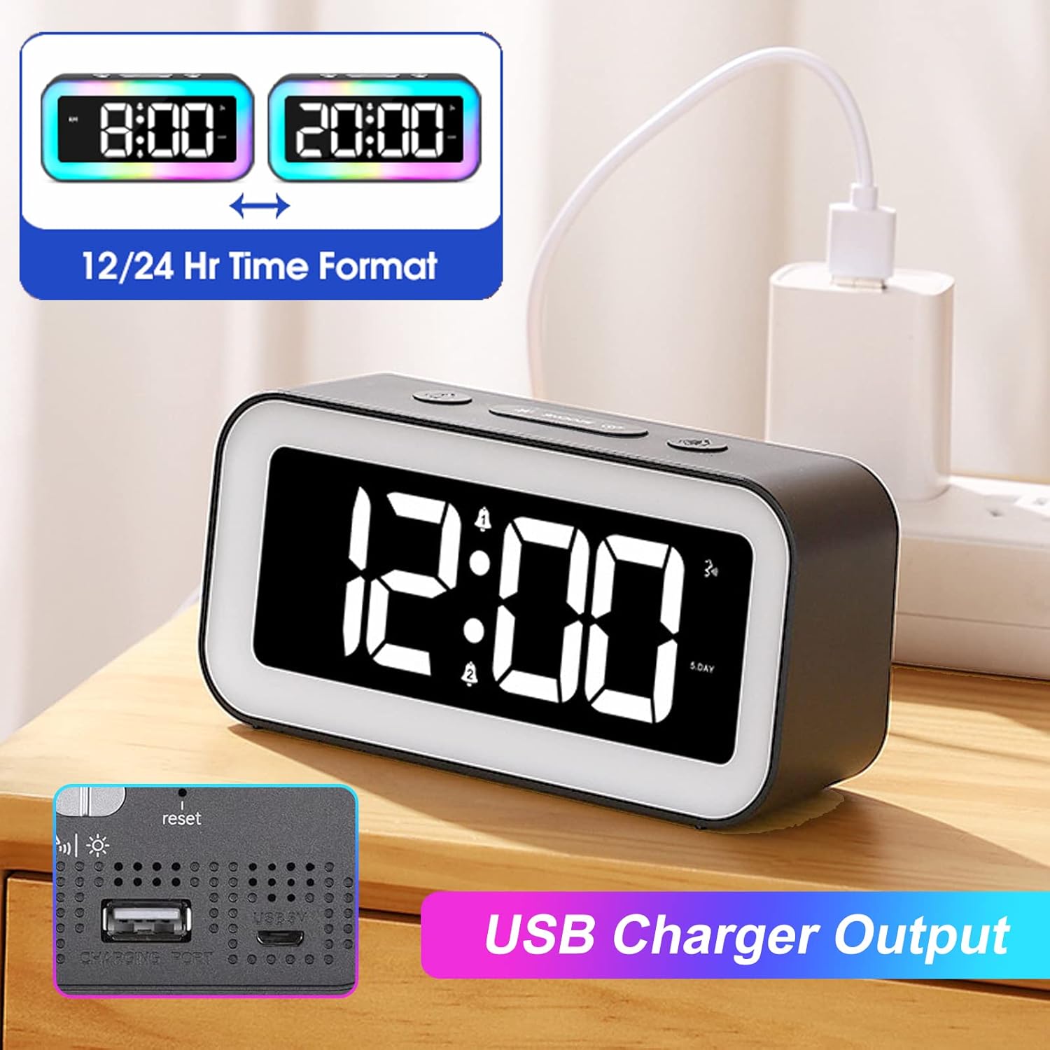 Super Loud Digital Alarm Clock, Dynamic RGB Smart Night Light, Adjustable Dimmer - Image 8