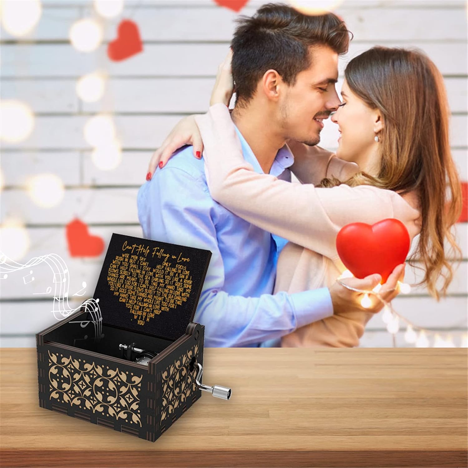 Can’t Help Falling in Love Music Box Black Hand Crank Vintage Wood Carved - Image 4