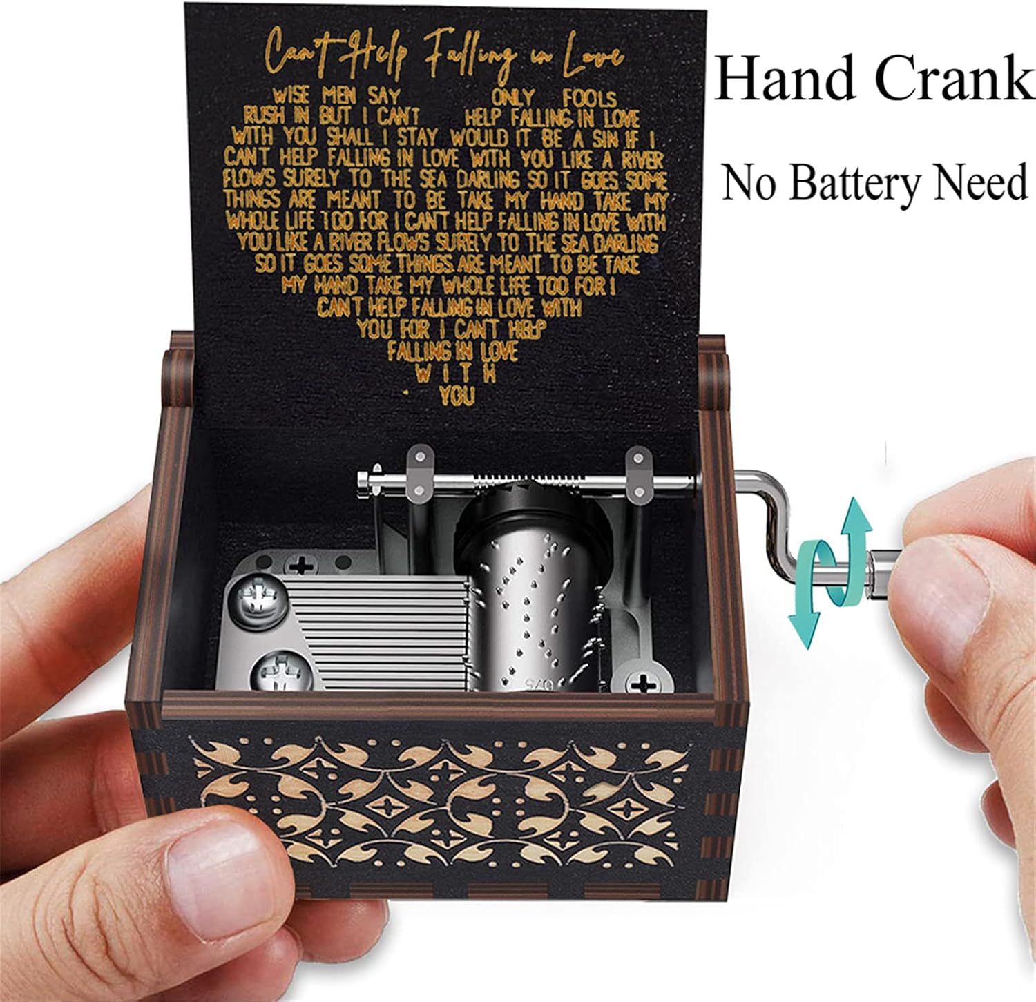 Can’t Help Falling in Love Music Box Black Hand Crank Vintage Wood Carved - Image 3