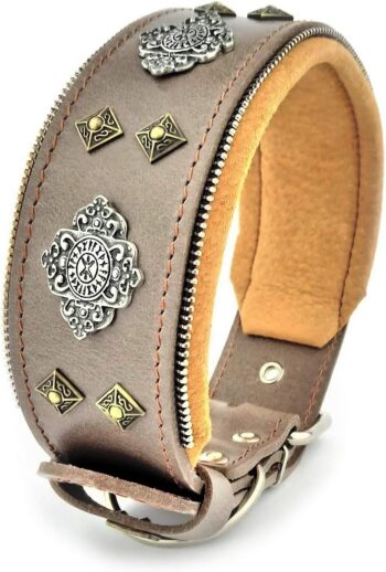 Aztec Grey Genuine Leather Big Dog Collar. Unique Rivet Design. Soft Padded XXL
