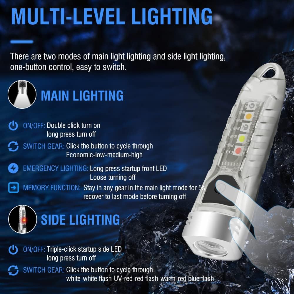 Small Keychain Flashlight with Red UV Blue Light - 400LM Rechargeable Mini - Image 2