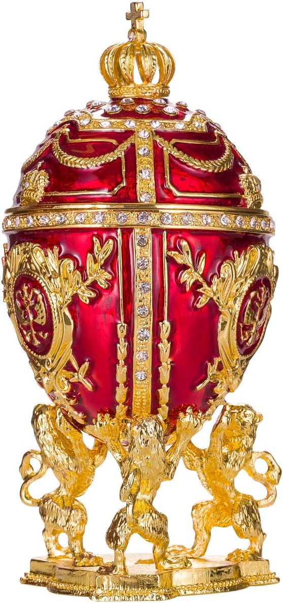 Faberge Style Egg/Trinket Jewel Box with Lions & pendant 15,5 cm red - Image 4