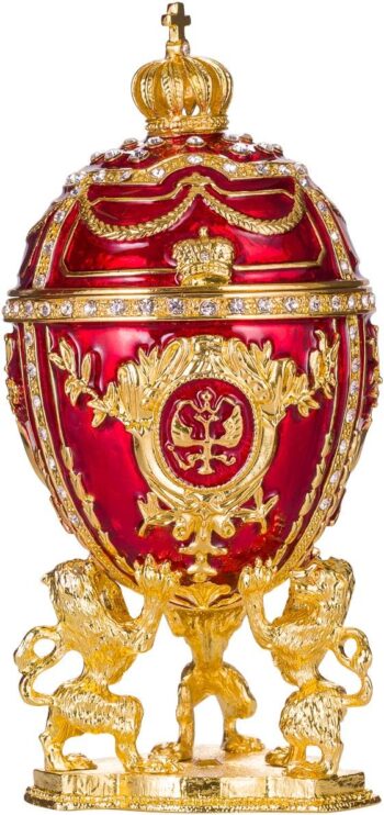Faberge Style Egg/Trinket Jewel Box with Lions & pendant 15,5 cm red