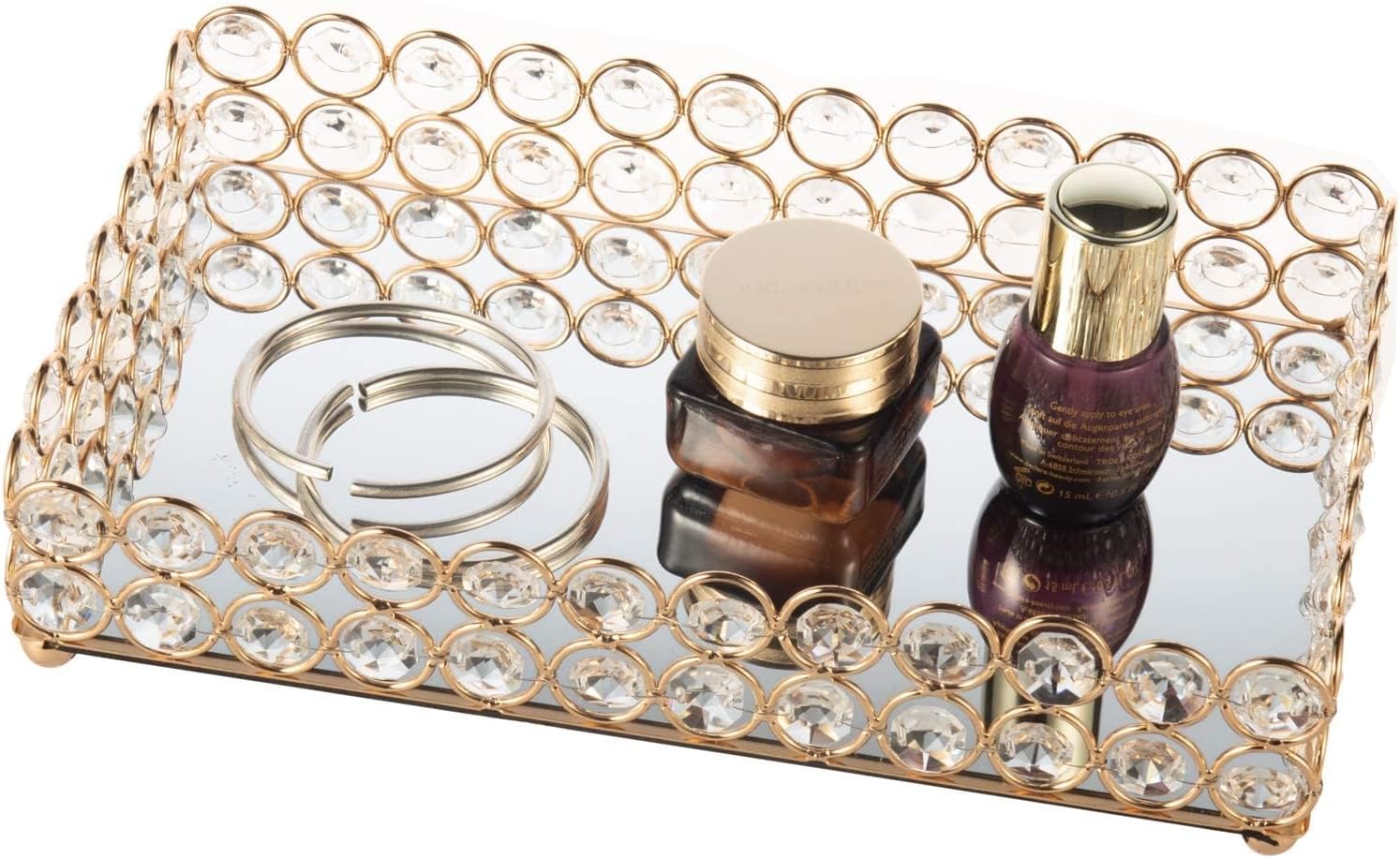 Crystal Beads Tray Mirror Cosmetic Tray Rectangle Gold Mirro Tray Jewelry Holder - Image 9