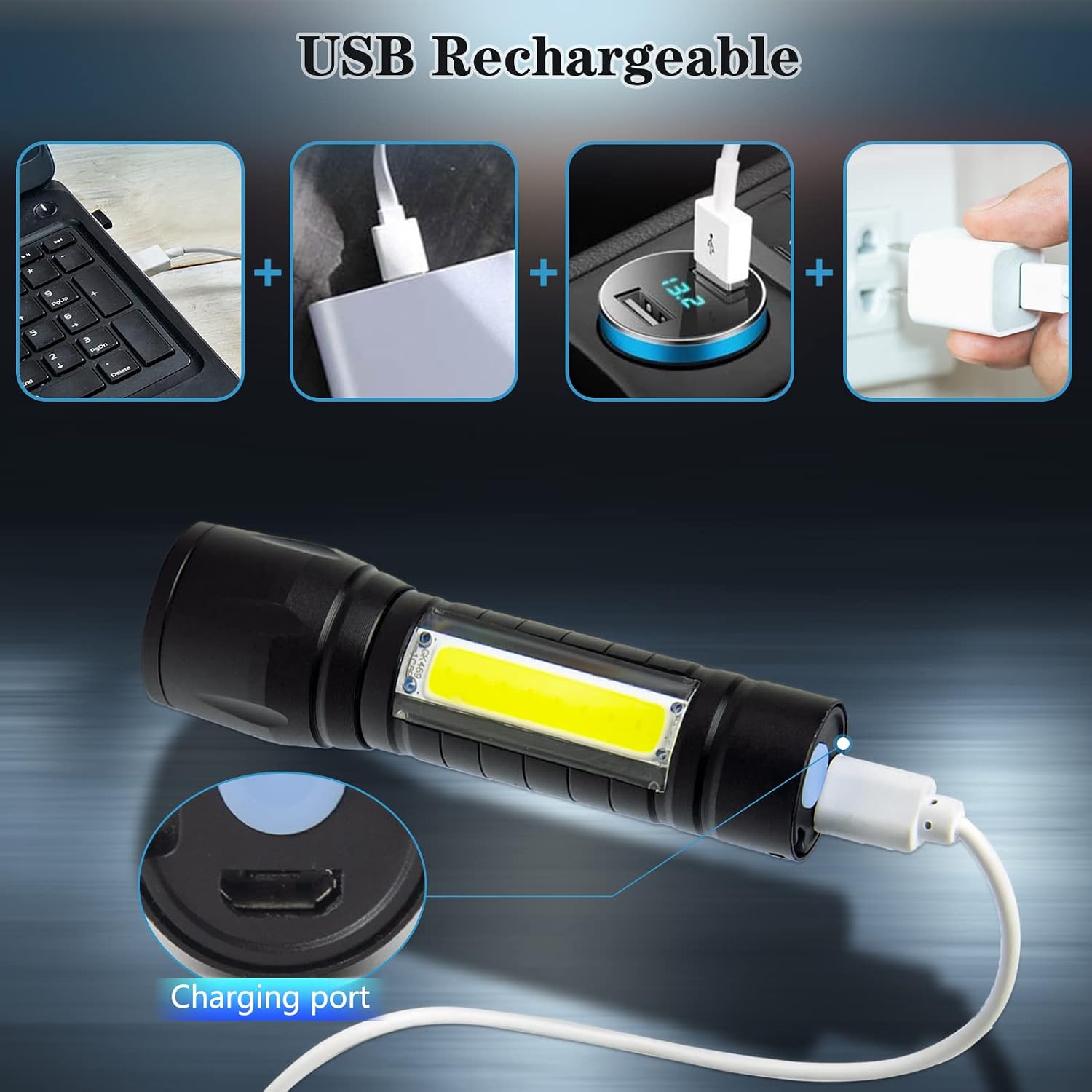 2 Pack Rechargeable Small Torch, 500LM Zoomable Mini LED Flashlight with COB - Image 3