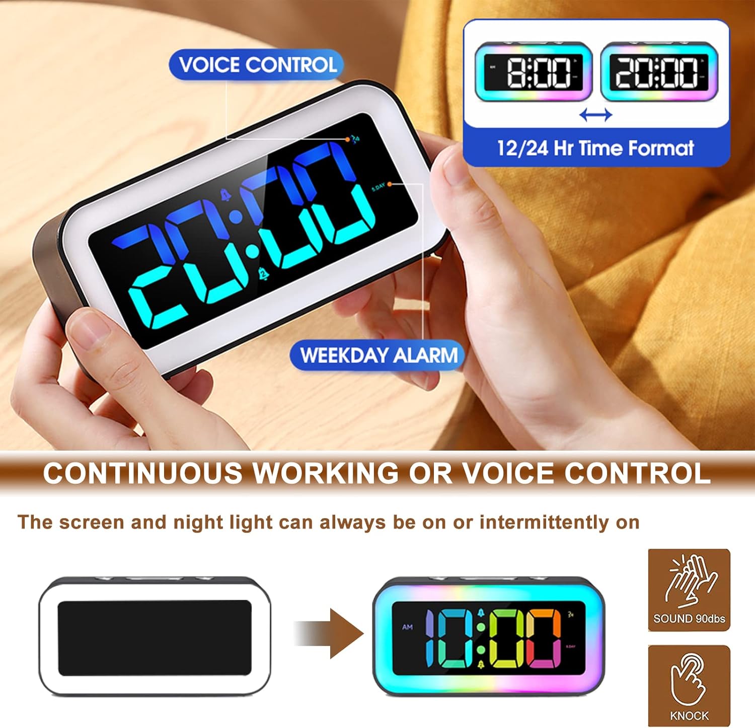 RGB Alarm Clock with Smart Night Light, Adjustable Brightness, Dual Alarm,Sound - Image 5