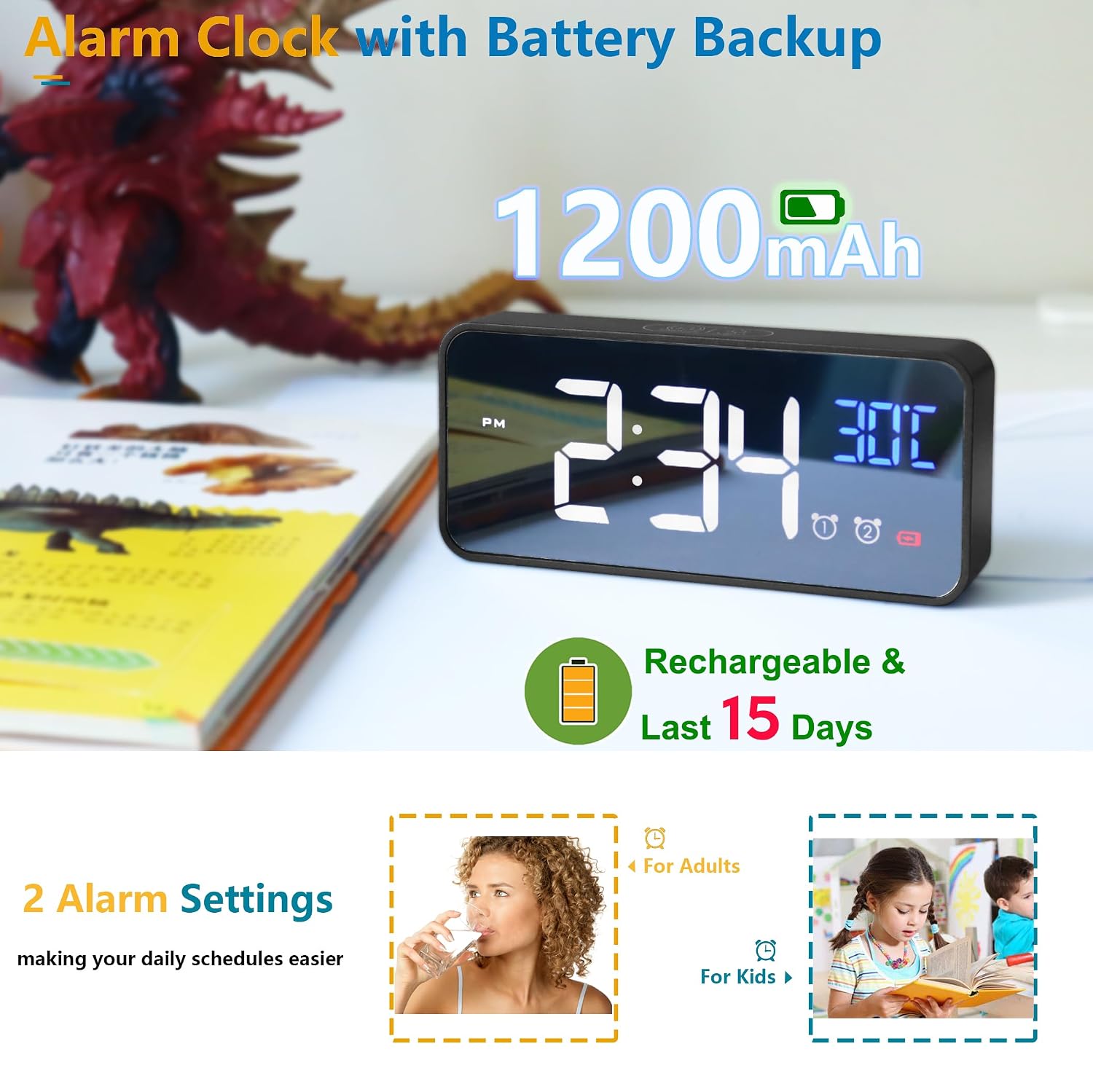 Digital Alarm Clock with Large Led Temperature Display, Portable Alarm Clock - Image 2