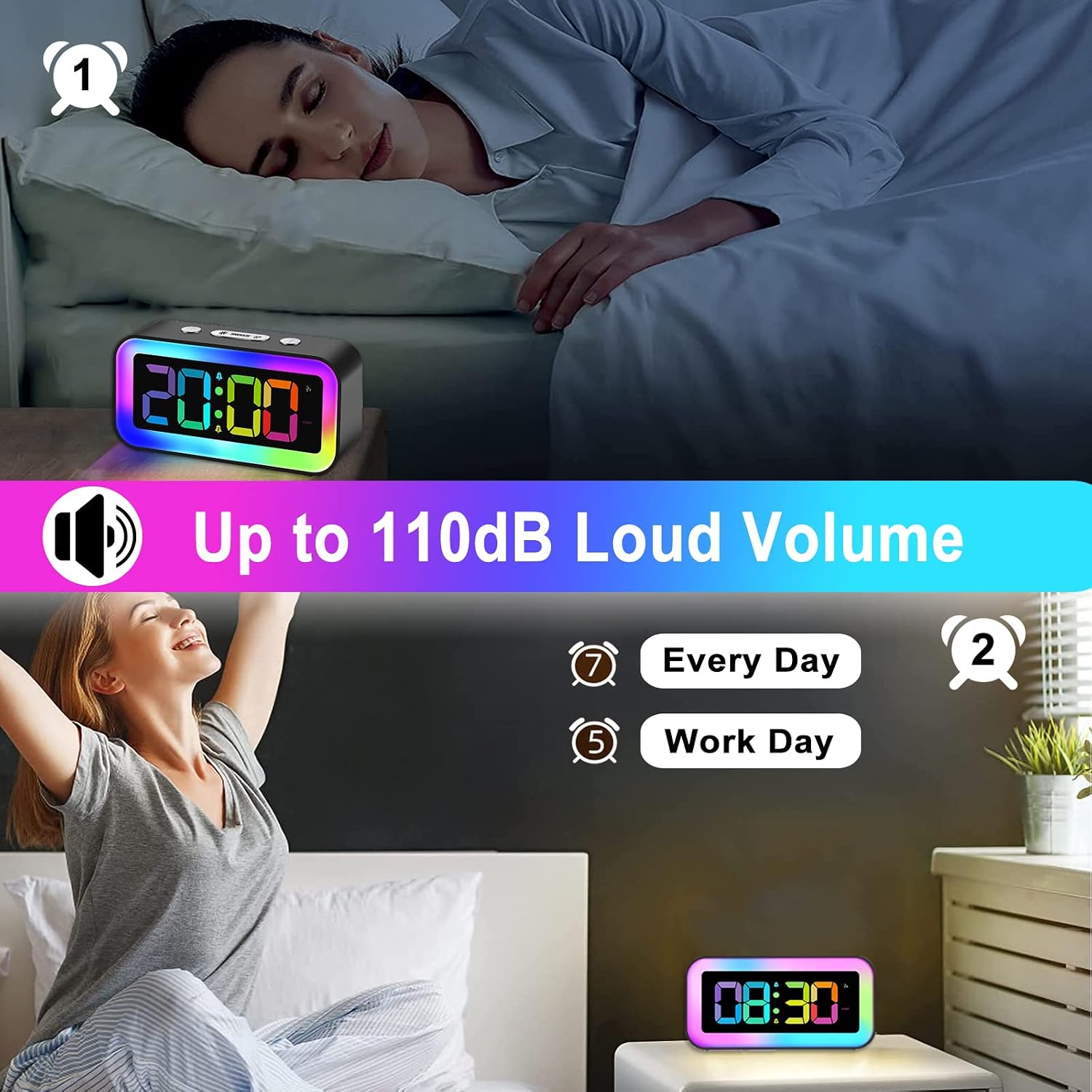 Super Loud Digital Alarm Clock, Dynamic RGB Smart Night Light, Adjustable Dimmer - Image 4