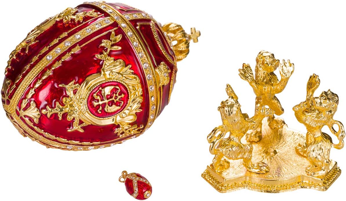 Faberge Style Egg/Trinket Jewel Box with Lions & pendant 15,5 cm red - Image 3