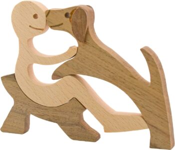Wooden Dog Figurines Hand Carved Wood Dog Human Sculpture Statue Handmade