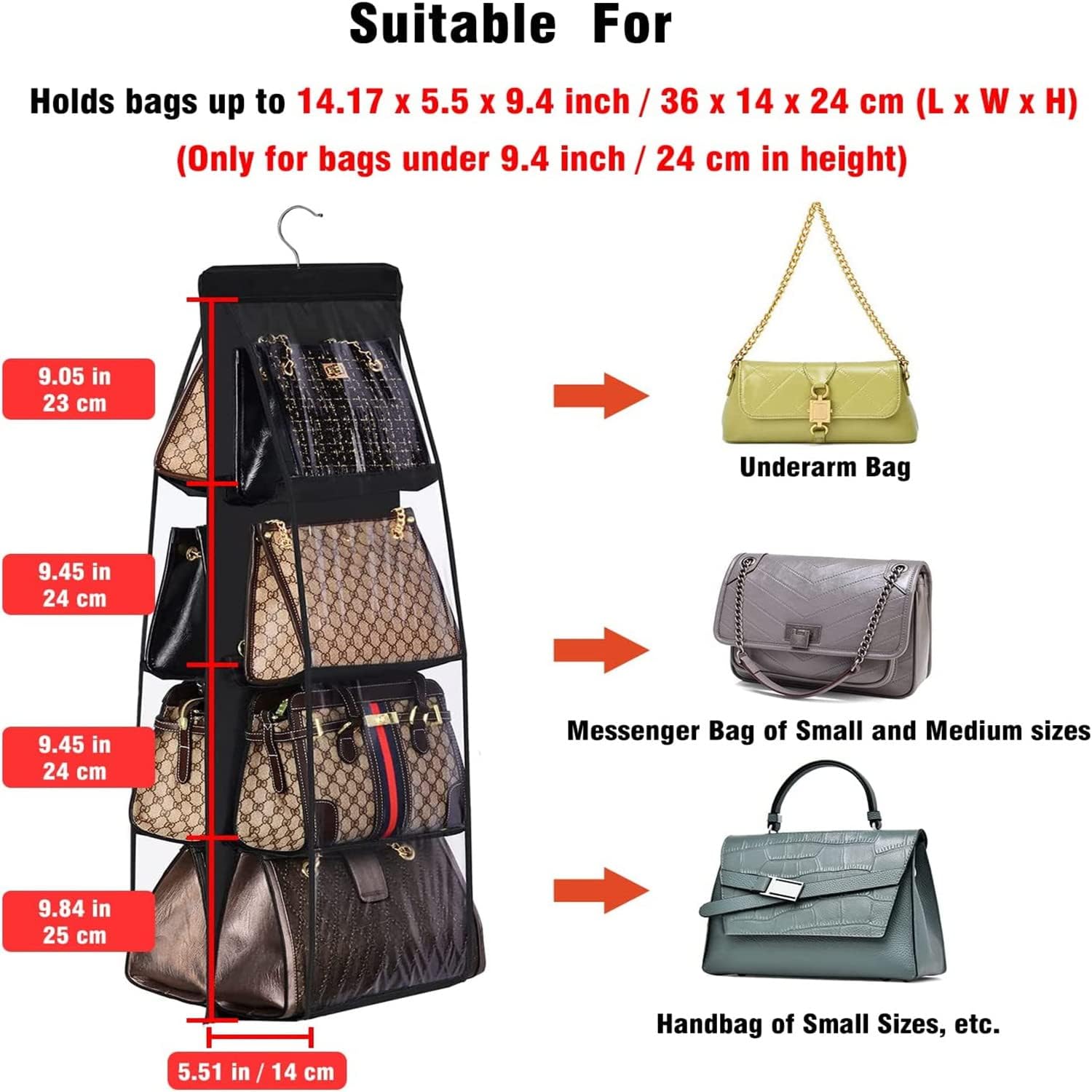 Handbag Hanging Organizer, 8 Pocket Hanging Purse Organizer Handbag Storage - Image 3