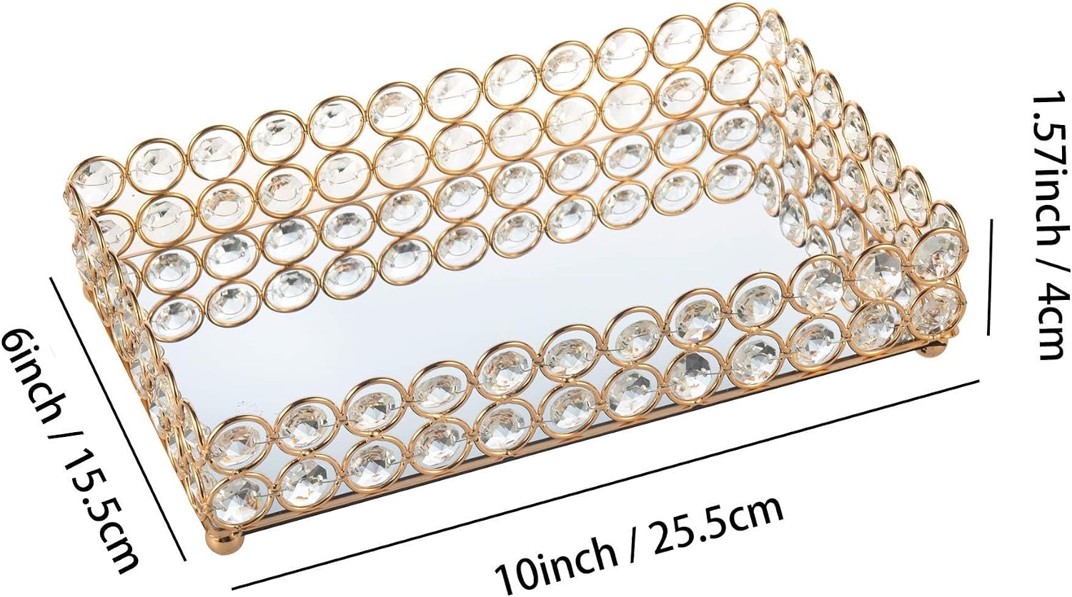 Crystal Beads Tray Mirror Cosmetic Tray Rectangle Gold Mirro Tray Jewelry Holder - Image 3