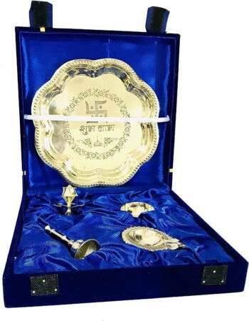 Brass Pooja thali Set Swastik shubh labh (Bell, Jyot, Vati, Aggarbatti Stand)